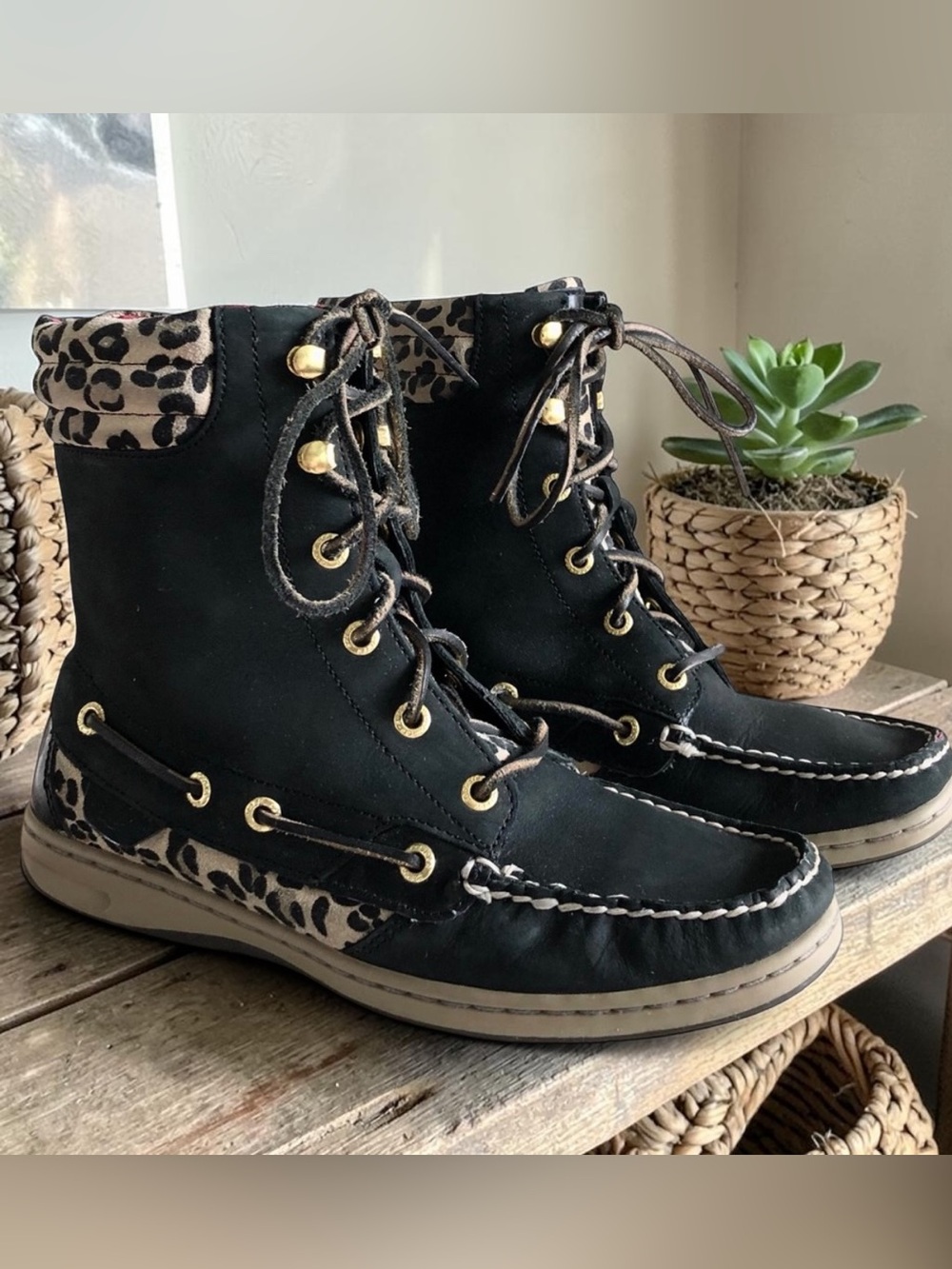 Sperry Leopard Black High Ankle Boots Women’s 7.5